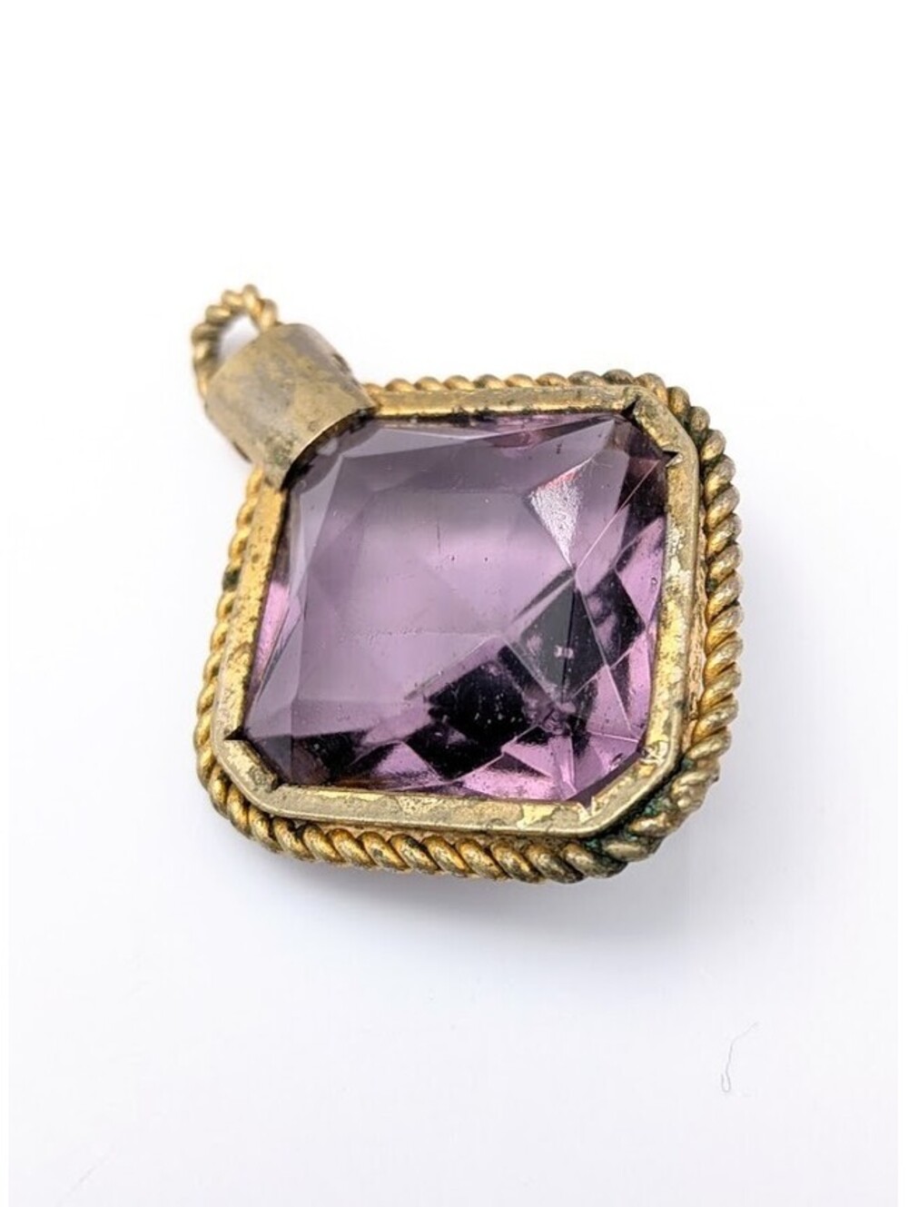 Vintage Purple Amethyst Checkerboard Faceted Pendant Gold Tone Twisted Frame